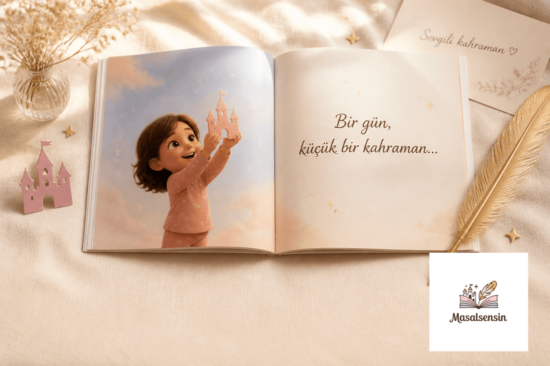 MasalSensin kişiye özel çocuk kitabı — açık kitap ve marka motifi