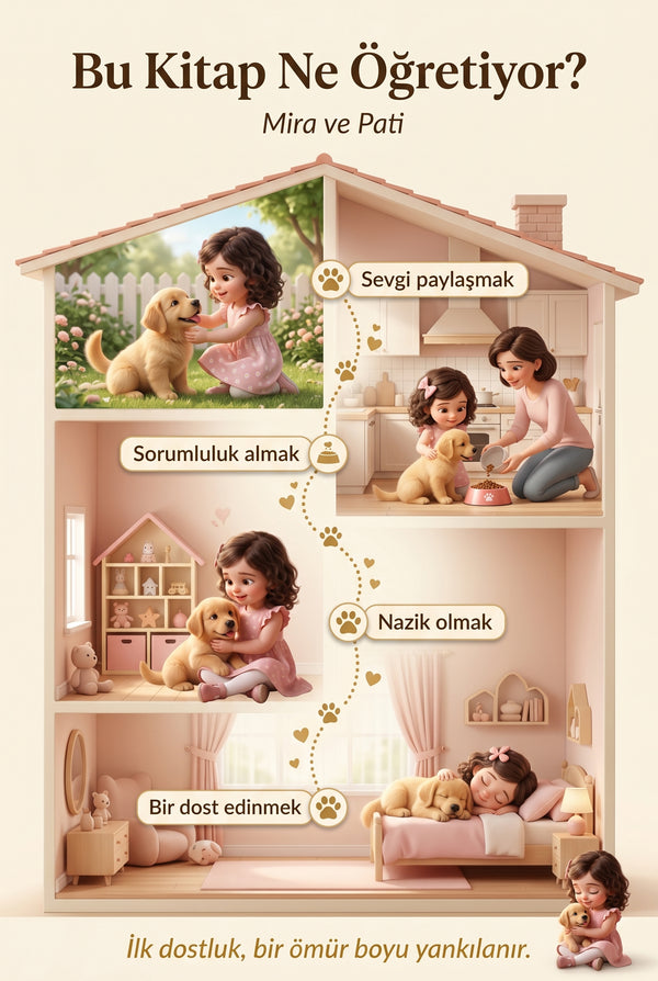 Bu Kitap Ne Öğretiyor — Mira ve Pati için 4 kazanım görselleştirmesi.