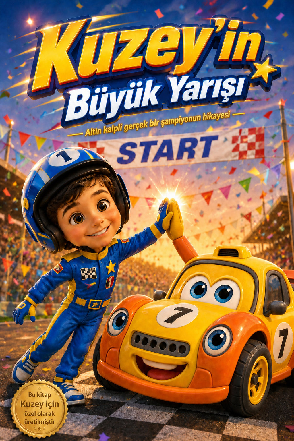 Kuzey'in Büyük Yarışı kişiye özel çocuk kitabı ön kapağı — kırmızı tonton araba ve Pixar kalitesinde yarış macerası illüstrasyonu