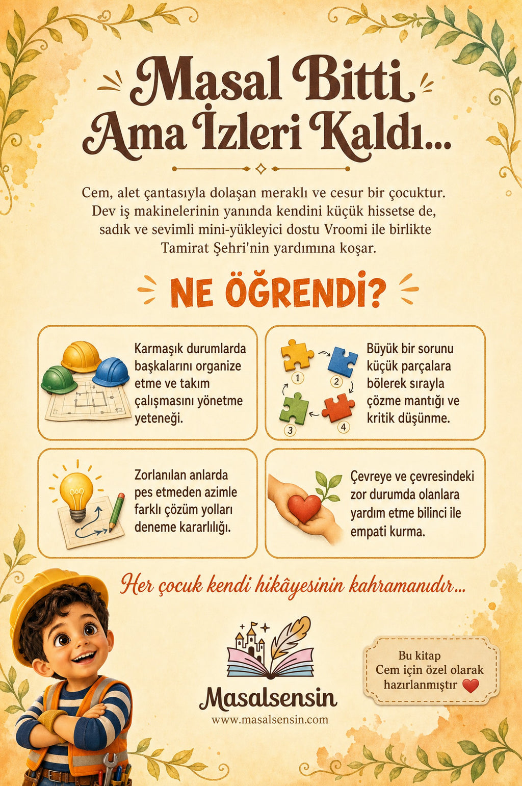 İş makineleri konulu kitabın arka kapağı, takım çalışması ve analitik düşünme kazanımları detayı.