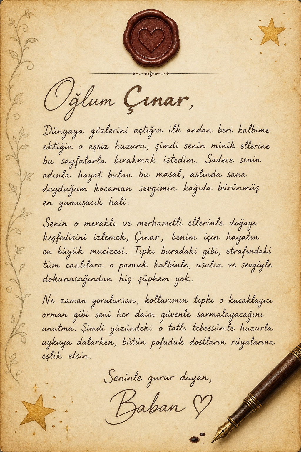 Kitabın ilk sayfasında Çınar için yazılmış sevgi dolu ithaf notu — kalıcı ve anlamlı hediye