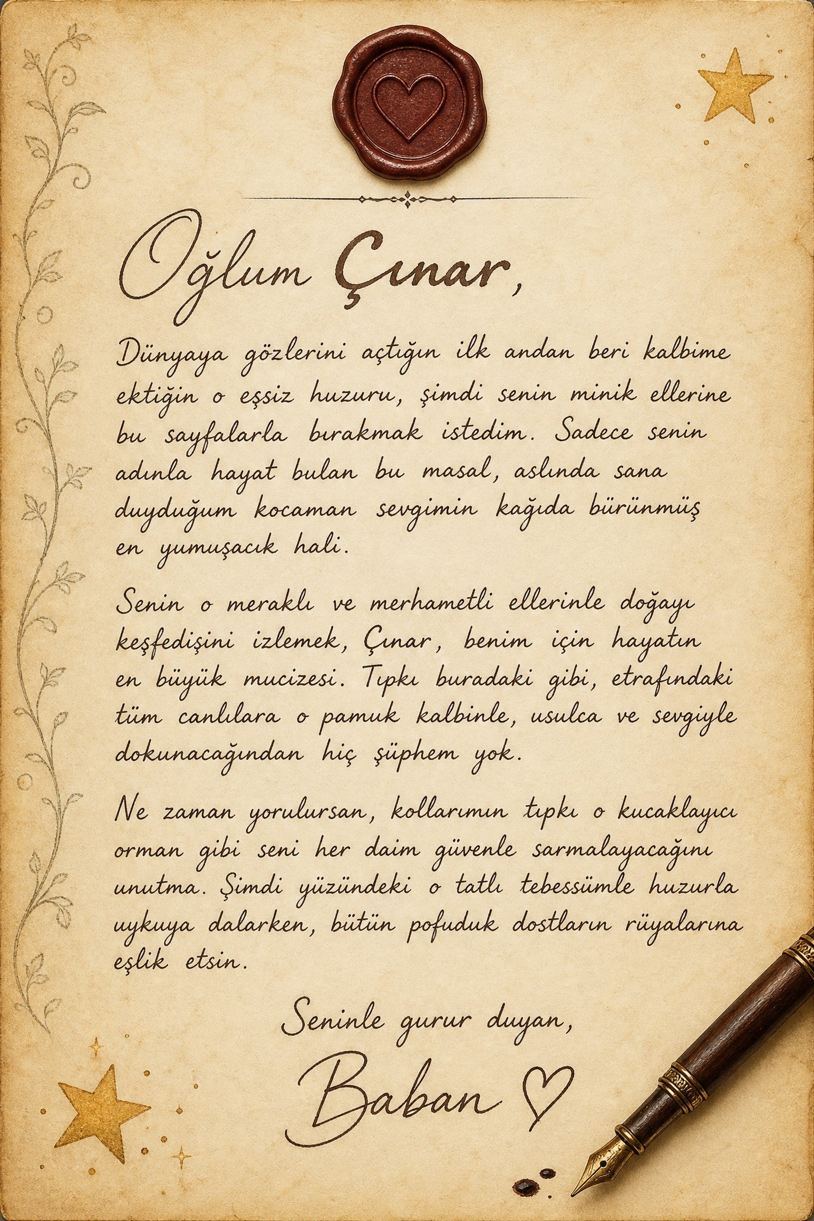 Kitabın ilk sayfasında Çınar için yazılmış sevgi dolu ithaf notu — kalıcı ve anlamlı hediye
