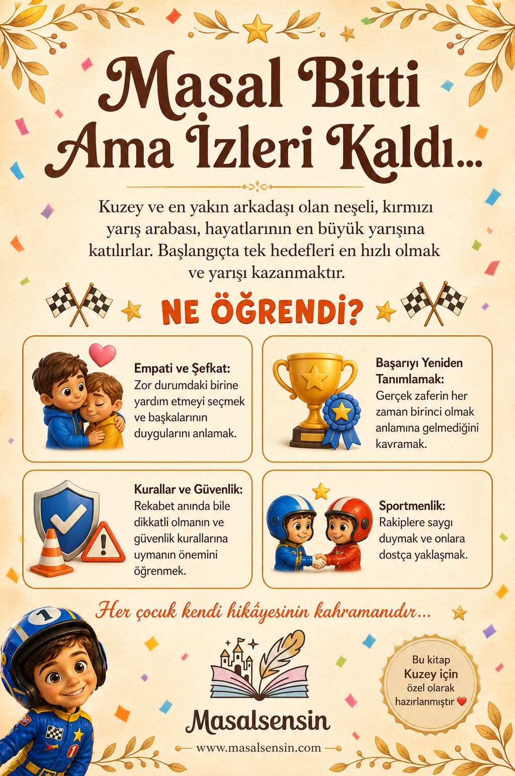Kuzey isimli kitabın arka kapağı — çocuklarda sportmenlik, kurallara uyum ve duygusal empati kazanımlarını anlatan yazı