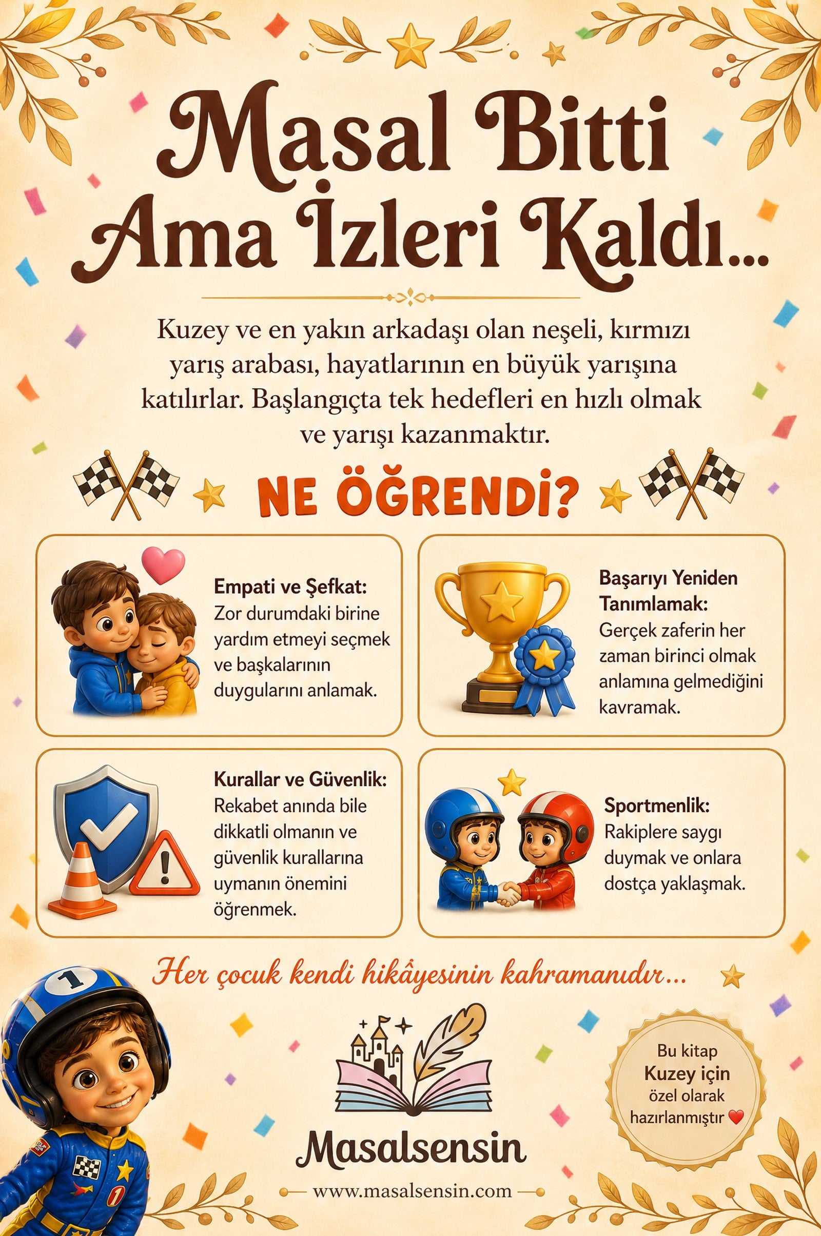 Kuzey isimli kitabın arka kapağı — çocuklarda sportmenlik, kurallara uyum ve duygusal empati kazanımlarını anlatan yazı