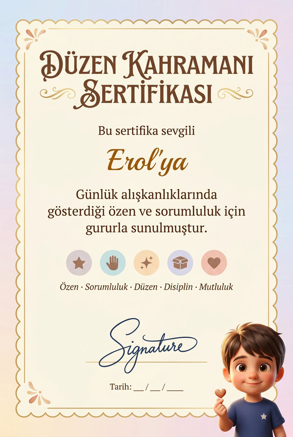 DÜZEN KAHRAMANI SERTİFİKASI — Erol'ya özel diploma.