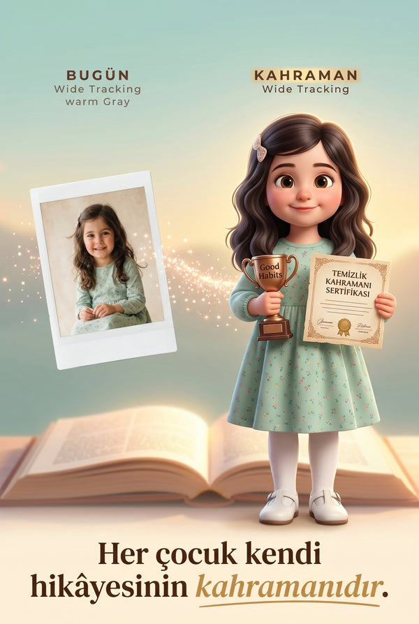 Çocuğun gerçek fotoğrafından Pixar 3D kahraman karakterine dönüşüm.