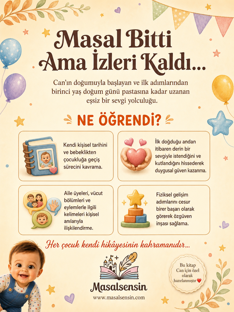 Can isimli bebeğin ilk yaş hikayesi arka kapağı aile bağları ve güven gelişimi kazanımları