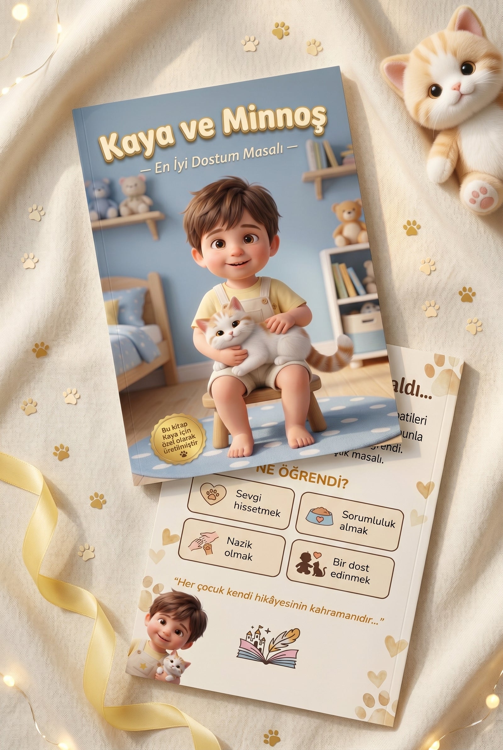 Kaya'nın kişiye özel hayvan dostluk kitabı ön ve arka kapak birlikte.