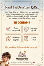 Kaan isimli yeni kardeş kitabının arka kapağı — sevgi paylaşmak ve koruyucu olmak pedagojik kazanımları.
