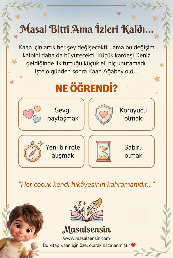 Kaan isimli yeni kardeş kitabının arka kapağı — sevgi paylaşmak ve koruyucu olmak pedagojik kazanımları.