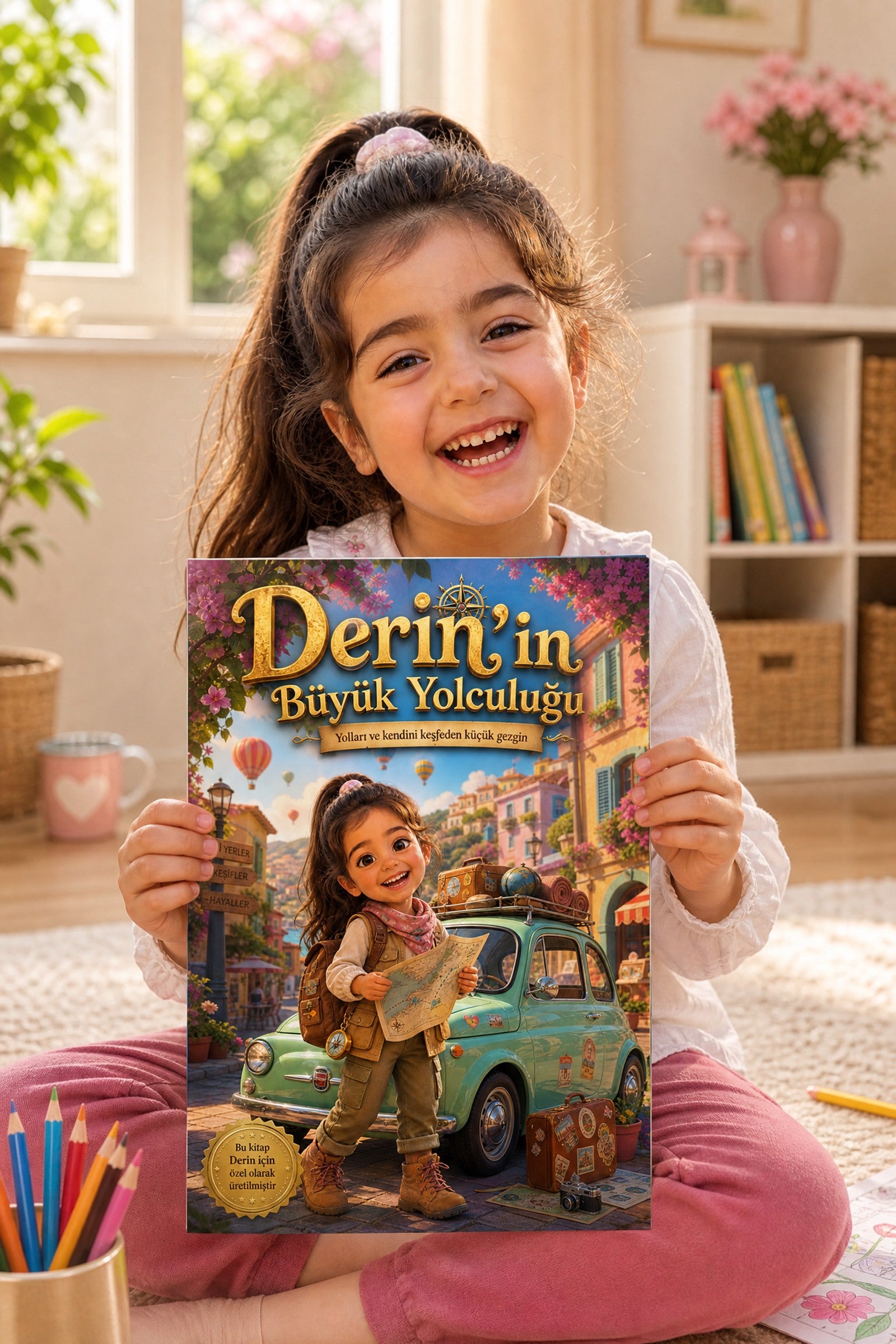 Derin akşam uyumadan önce kendi adının yazılı olduğu araba macerası masalını okurken — odaklanmış okuma anı.