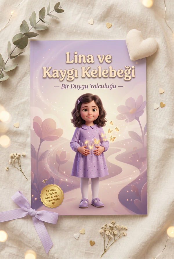 Lina ve Kaygı Kelebeği kitabının emotion-soothing flat-lay sunum fotoğrafı.