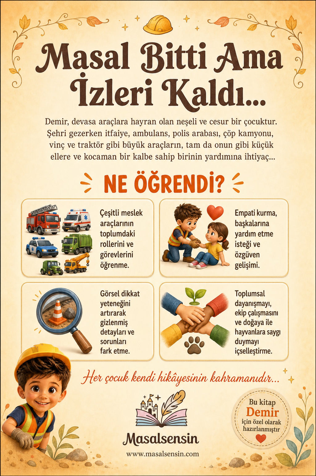 Demir isimli taşıtlar temalı kitabın arka kapağı — yardımlaşma ve empati kazanımları içeren özet sayfası