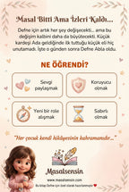 Defne isimli yeni kardeş kitabının arka kapağı — sevgi paylaşmak ve koruyucu olmak pedagojik kazanımları.
