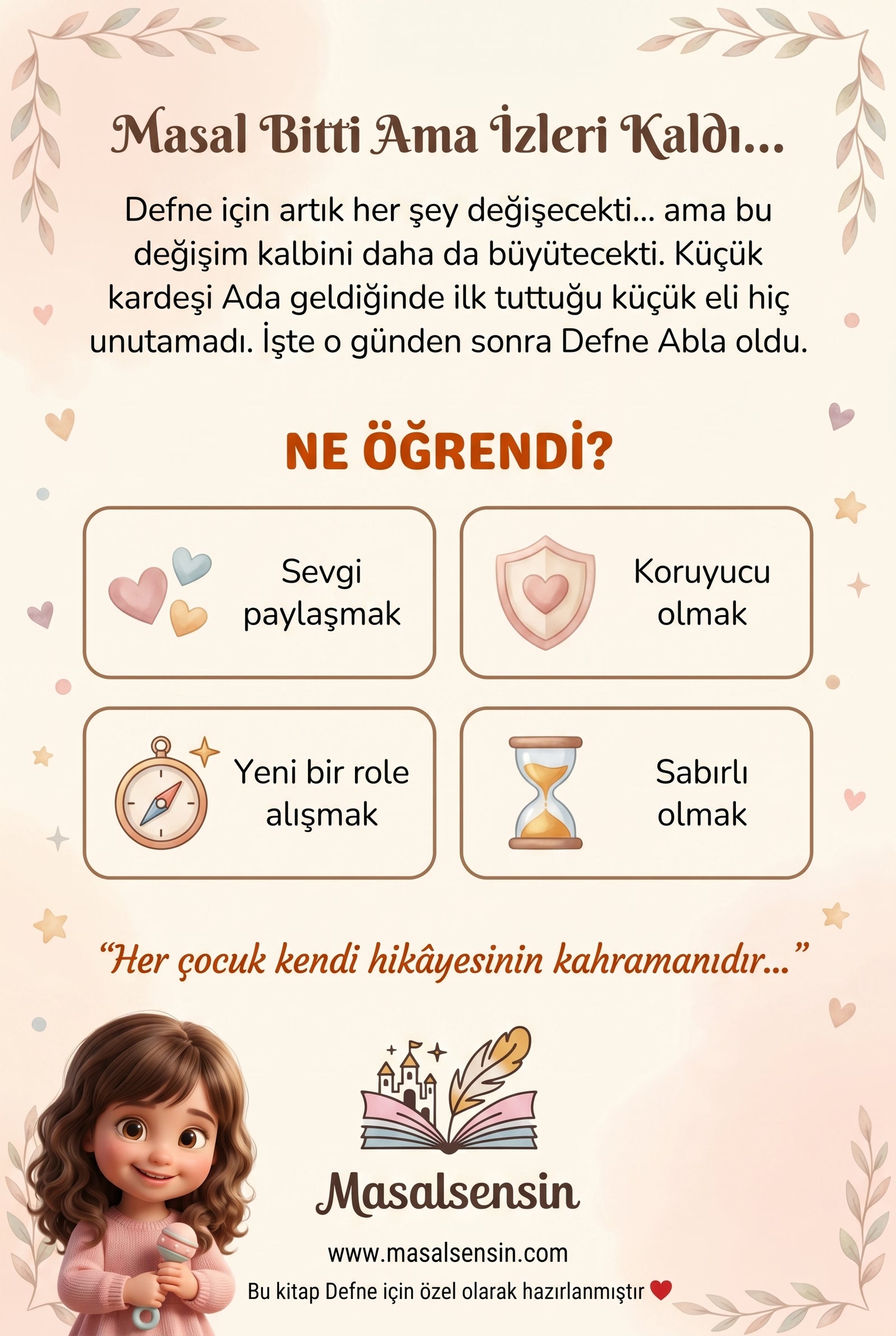 Defne isimli yeni kardeş kitabının arka kapağı — sevgi paylaşmak ve koruyucu olmak pedagojik kazanımları.