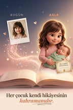 Çocuğun gerçek fotoğrafından Pixar 3D abla karakterine dönüşüm — kişiye özel yeni kardeş masalı.