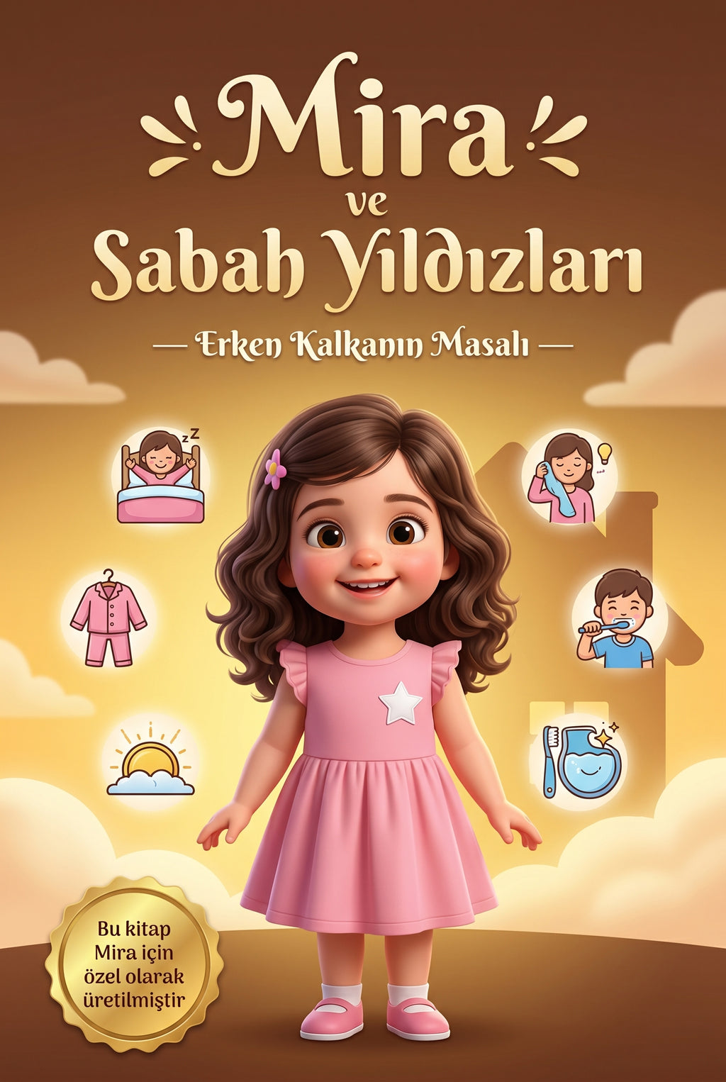 Mira ve Sabah Yıldızları kişiye özel çocuk kitabı ön kapağı.