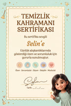 TEMİZLİK KAHRAMANI SERTİFİKASI — Selin'ya özel diploma.
