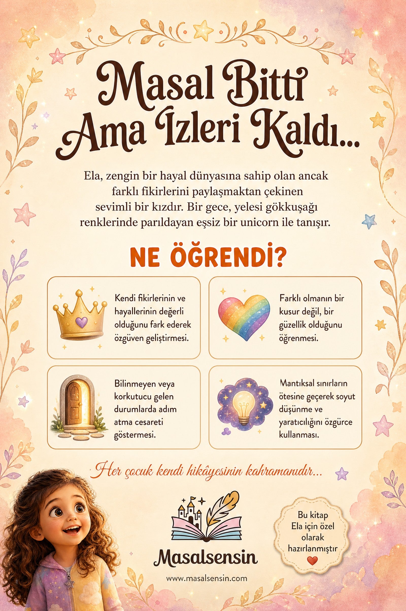 İsme özel kitabın arka kapağı — çocuğun özgüvenini ve hayal gücünü geliştiren kazanımlar ve pedagojik detaylar