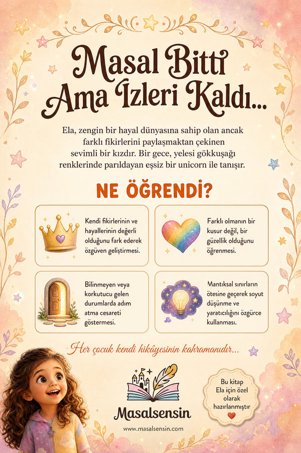İsme özel kitabın arka kapağı — çocuğun özgüvenini ve hayal gücünü geliştiren kazanımlar ve pedagojik detaylar