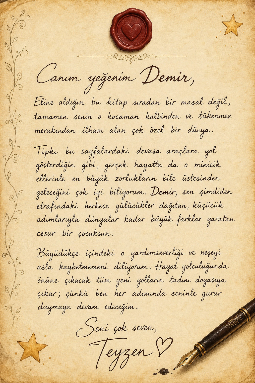 Kitabın girişindeki isme özel ithaf ve sevgi notu sayfası, yıllarca saklanacak kalıcı hatıra
