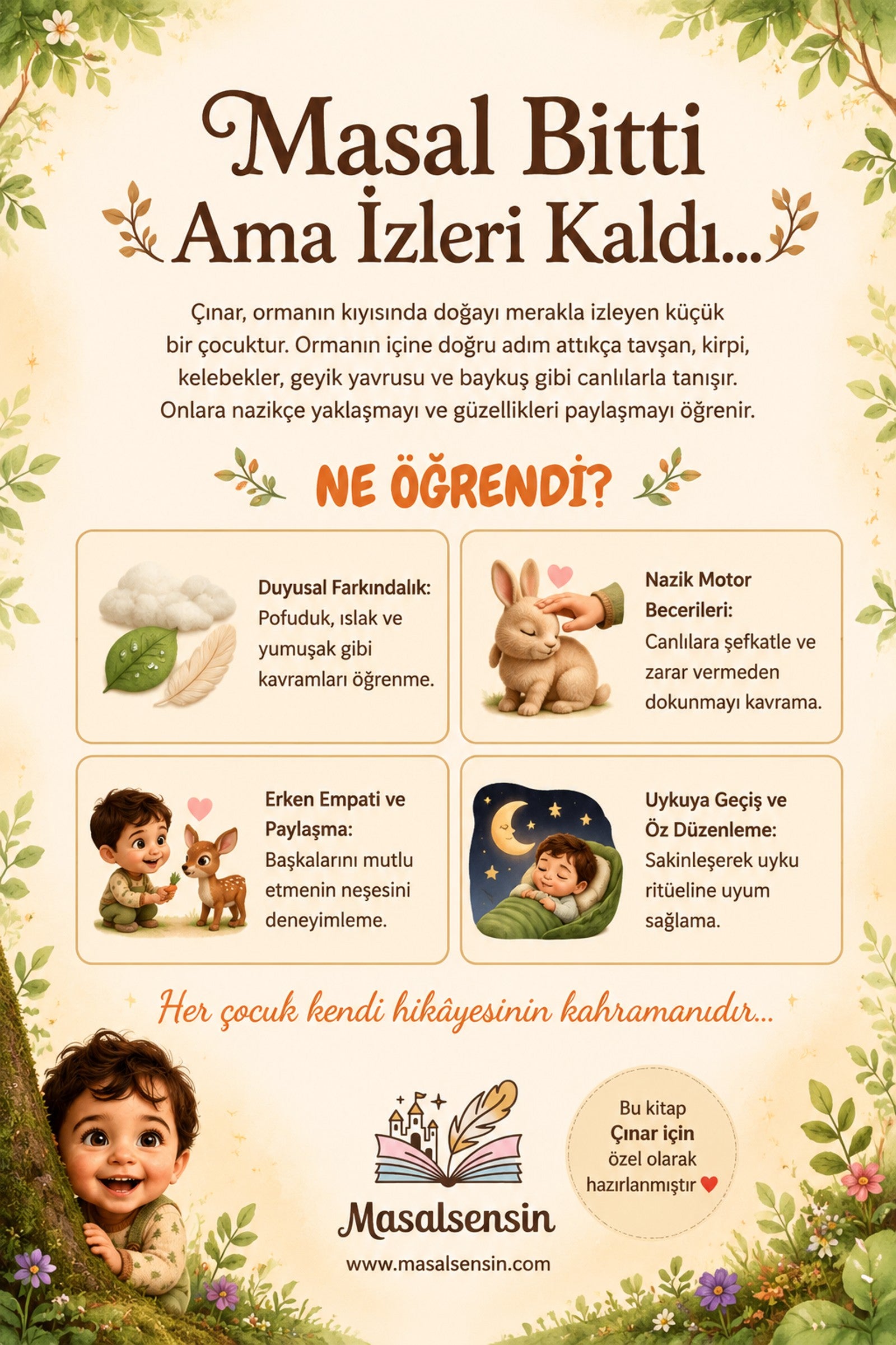 Çınar isimli kitabın arka kapağı — duyusal farkındalık ve sakin uykuya geçiş kazanımları