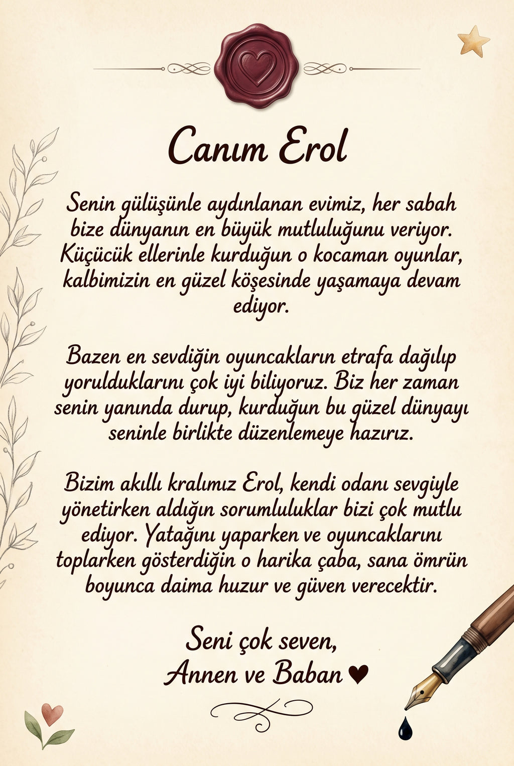 Erol'nın kitabının ilk sayfasındaki anne-baba notu.