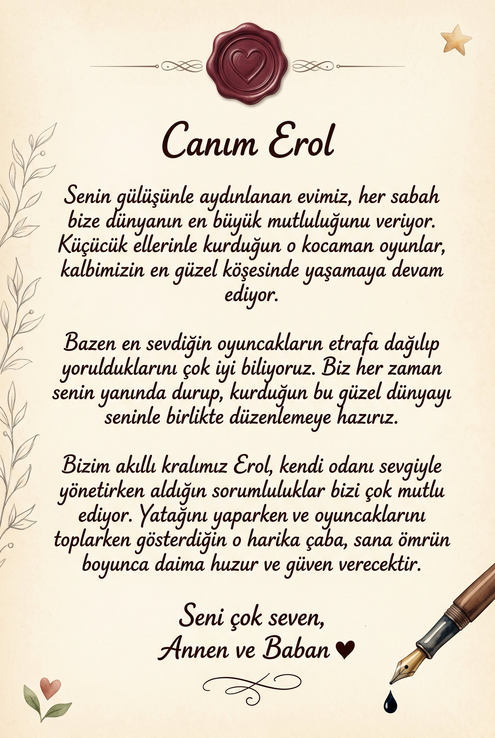 Erol'nın kitabının ilk sayfasındaki anne-baba notu.
