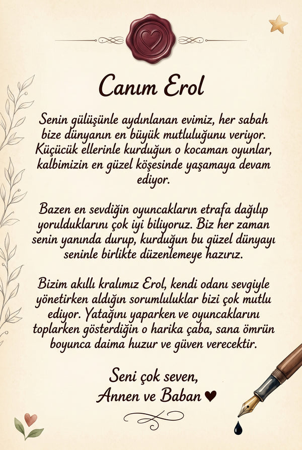 Erol'nın kitabının ilk sayfasındaki anne-baba notu.