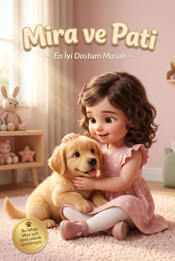Mira ve Pati kişiye özel çocuk kitabı ön kapağı, 3 yaşındaki Mira'yı Pati köpeğiyle gösteren Pixar illüstrasyon.