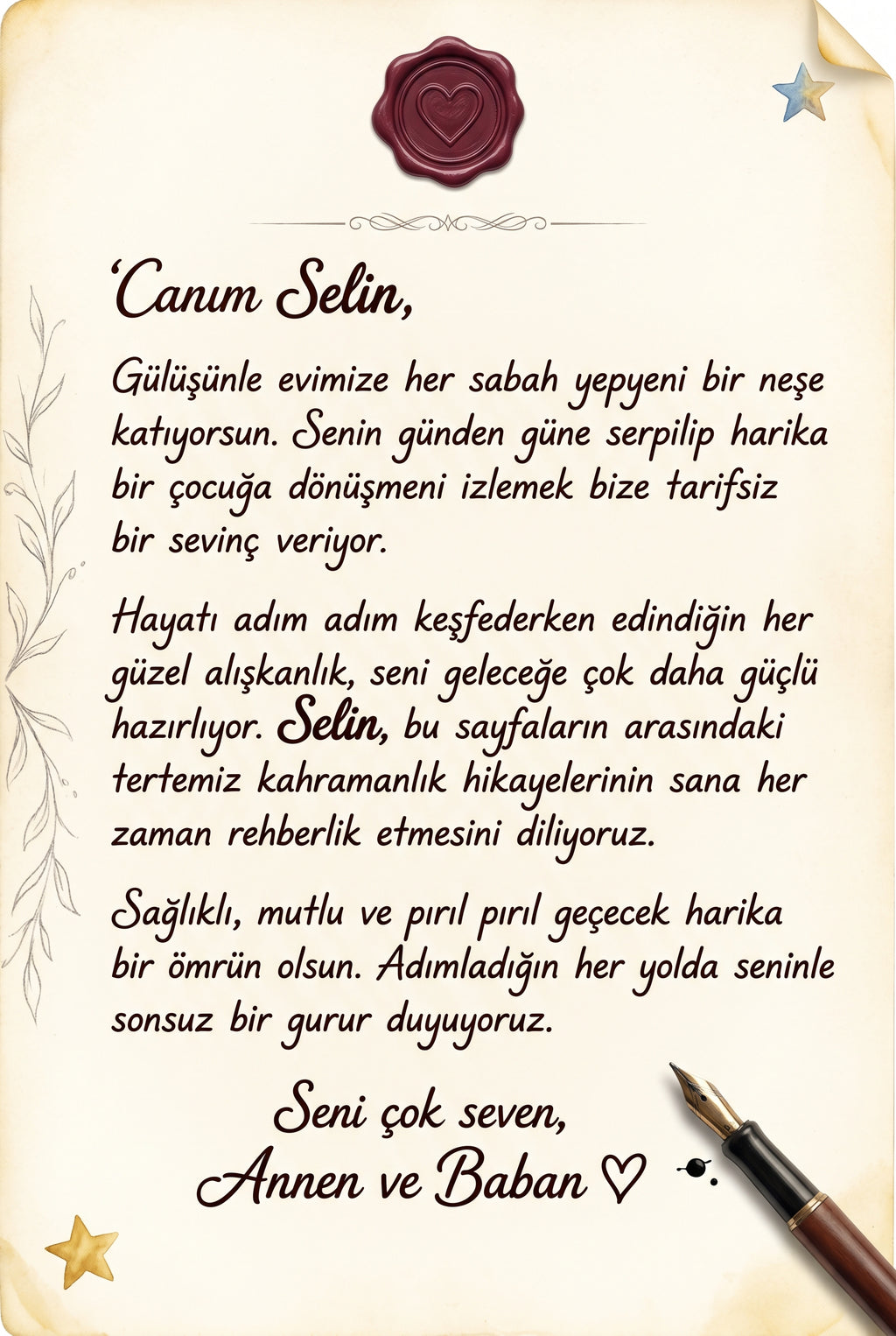 Selin'nın kitabının ilk sayfasındaki anne-baba notu.