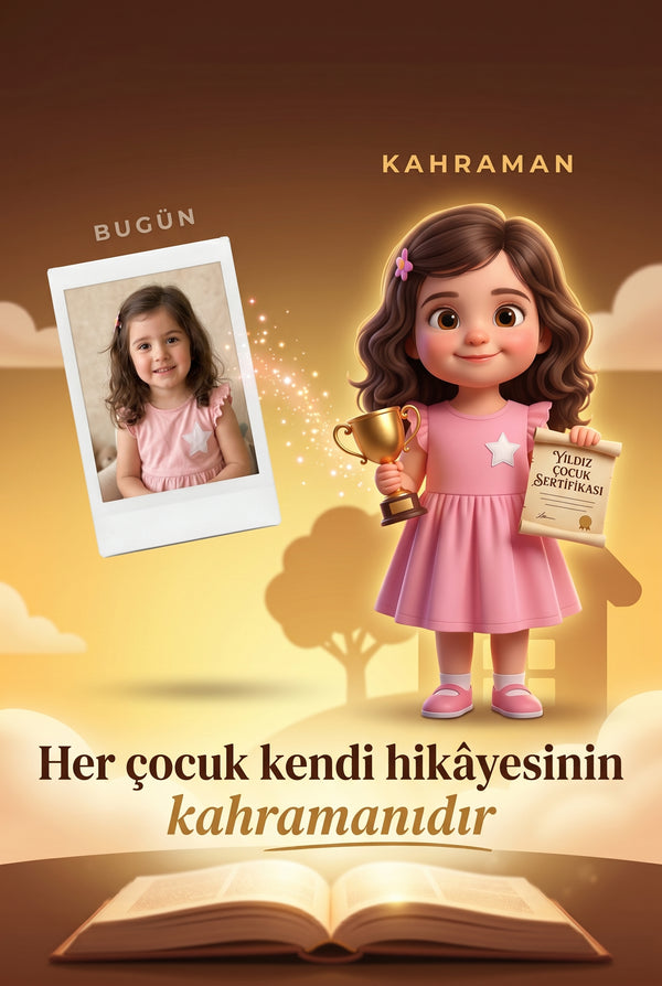 Çocuğun gerçek fotoğrafından Pixar 3D kahraman karakterine dönüşüm.