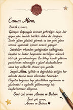 Mira'nın kitabının ilk sayfasındaki anne-baba notu.