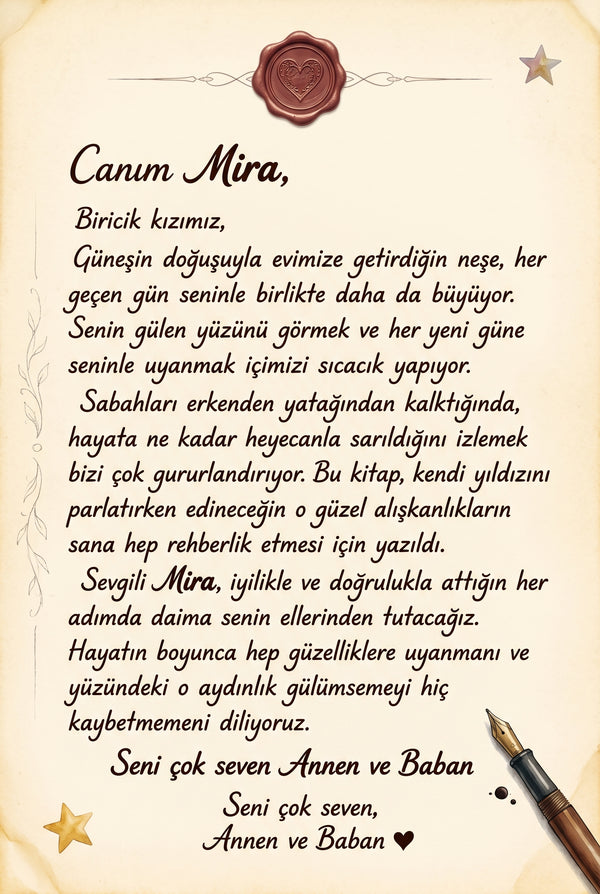 Mira'nın kitabının ilk sayfasındaki anne-baba notu.