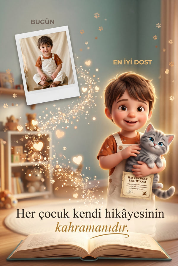 Çocuğun gerçek fotoğrafından Pixar 3D karakterine dönüşüm.