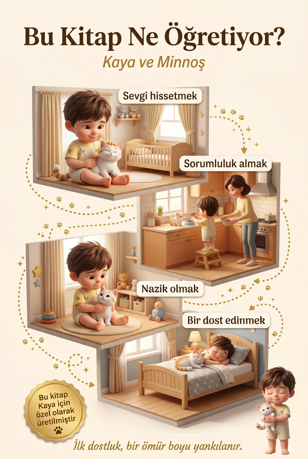 Bu Kitap Ne Öğretiyor — Kaya ve Minnoş için 4 kazanım görselleştirmesi.