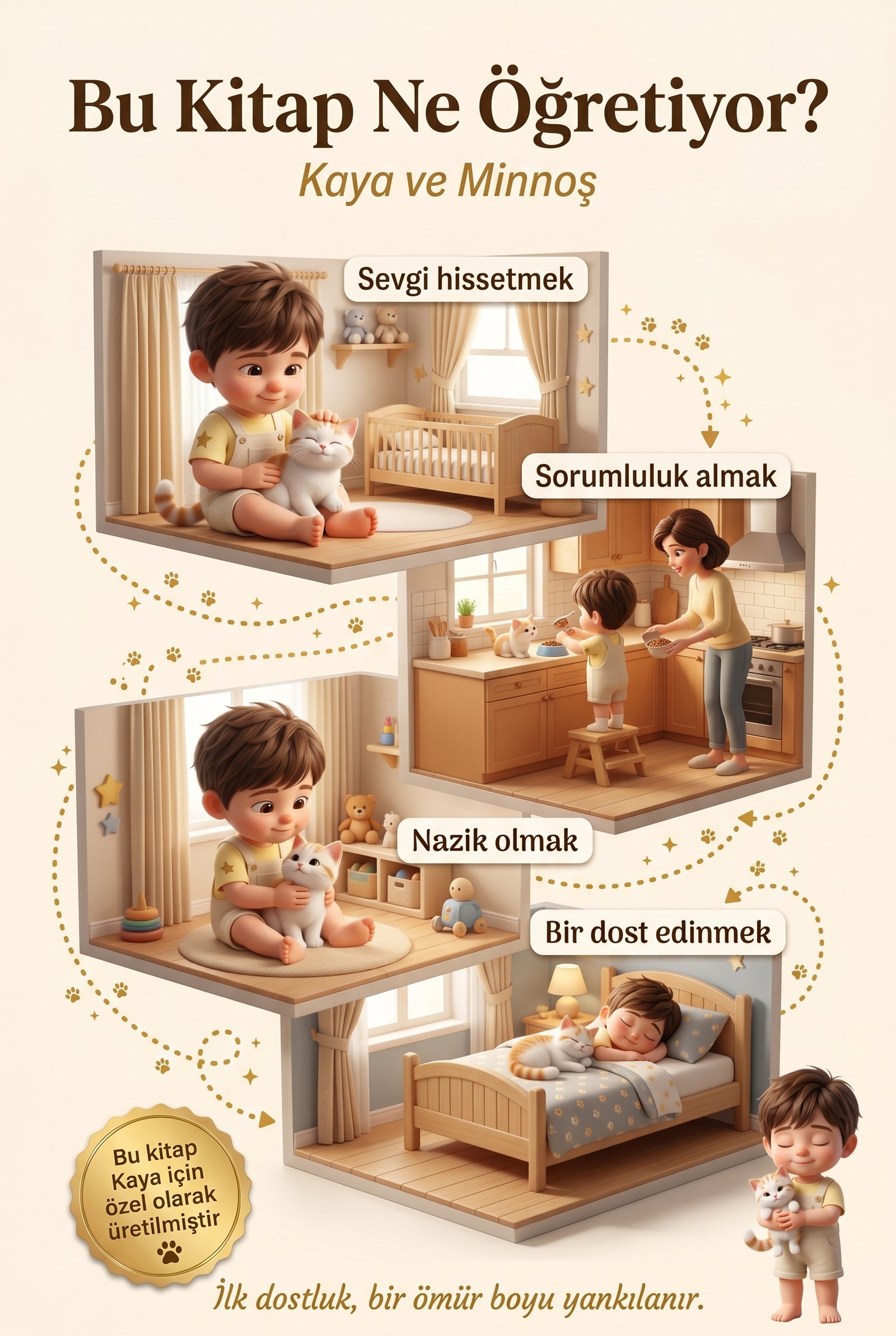 Bu Kitap Ne Öğretiyor — Kaya ve Minnoş için 4 kazanım görselleştirmesi.