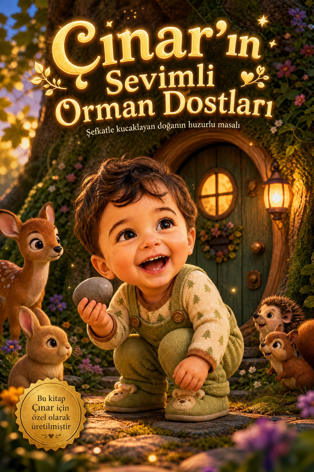 Çınar'ın Yumuşacık Orman Dostları kişiye özel çocuk kitabı ön kapağı, orman hayvanları 3D illüstrasyonu