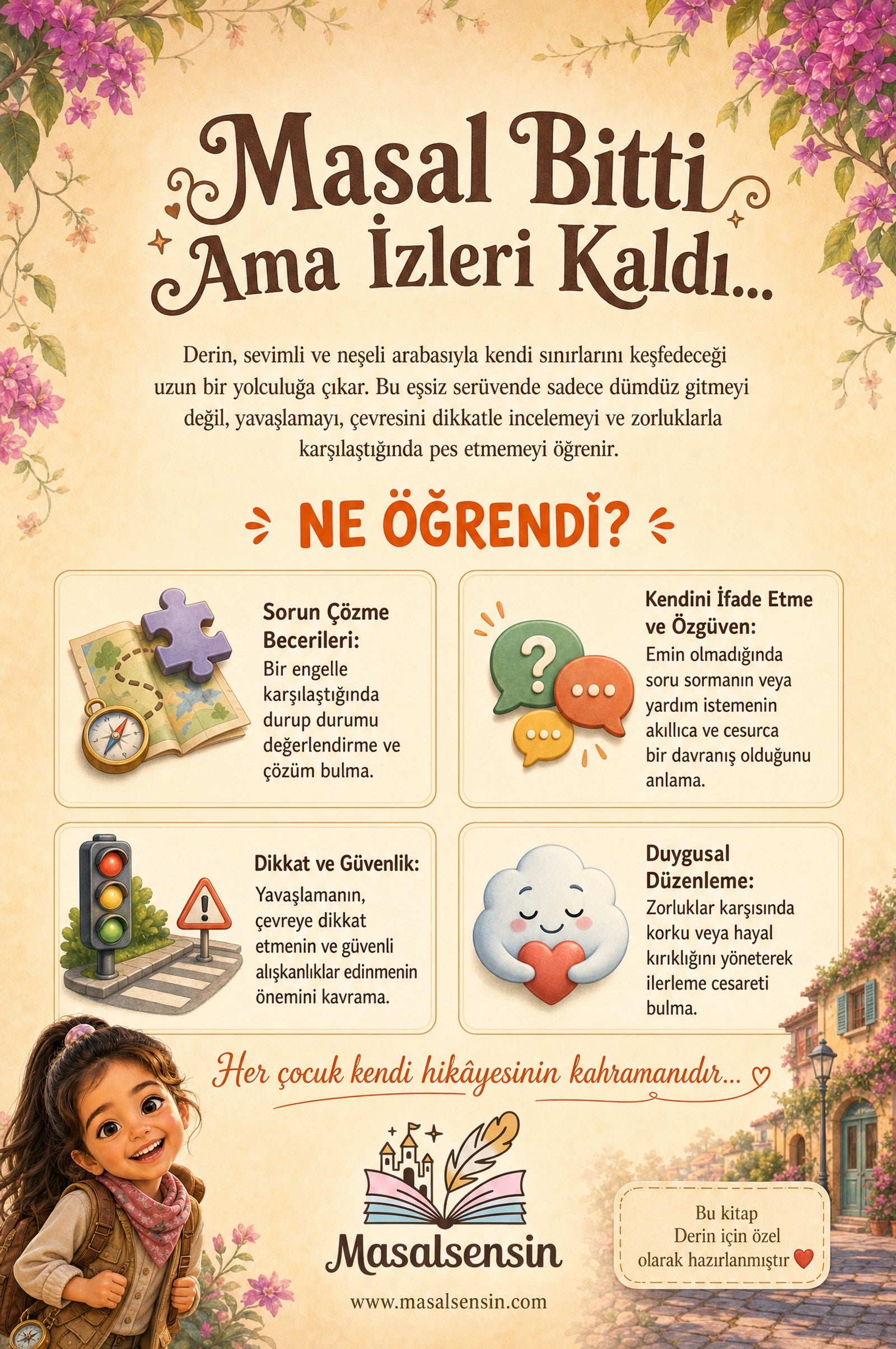 Derin isimli kitabın arka kapağı — dağ yolu ve asma köprü manzarasıyla problem çözme odaklı kazanım özeti.