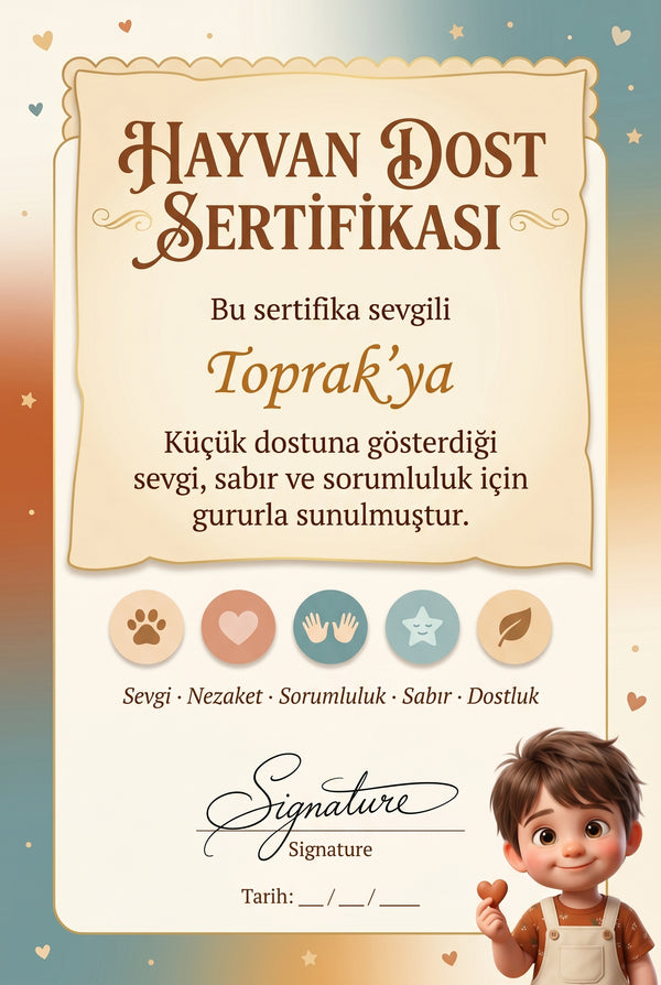 HAYVAN DOST SERTİFİKASI — Toprak'ya özel diploma.