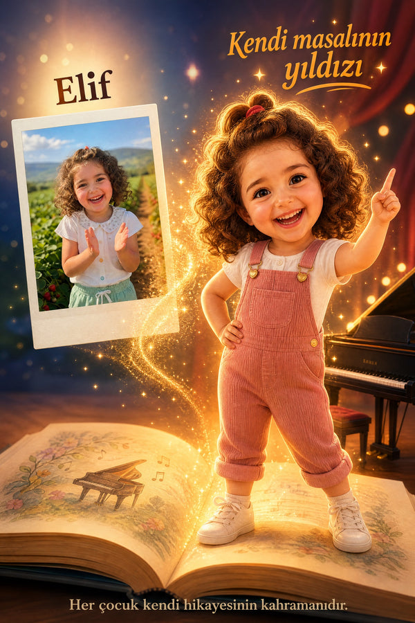 Elif'in yüklenen fotoğrafından 2D konsept çizimli piyanist masal kahramanına sanatsal dönüşüm aşaması