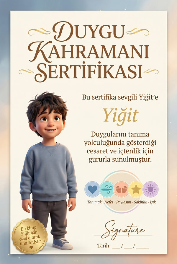 DUYGU KAHRAMANI SERTİFİKASI — Yiğit'ya özel diploma.