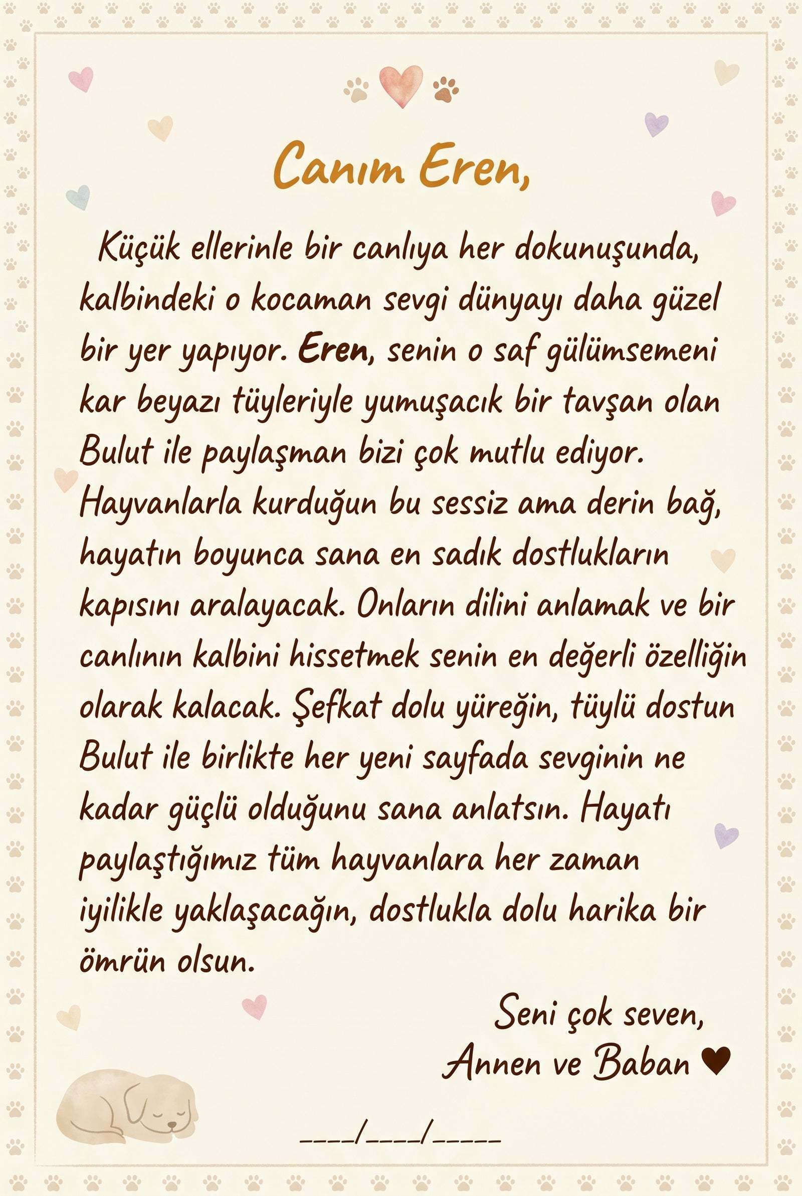 Eren'nın kitabının ilk sayfasındaki anne-baba notu.