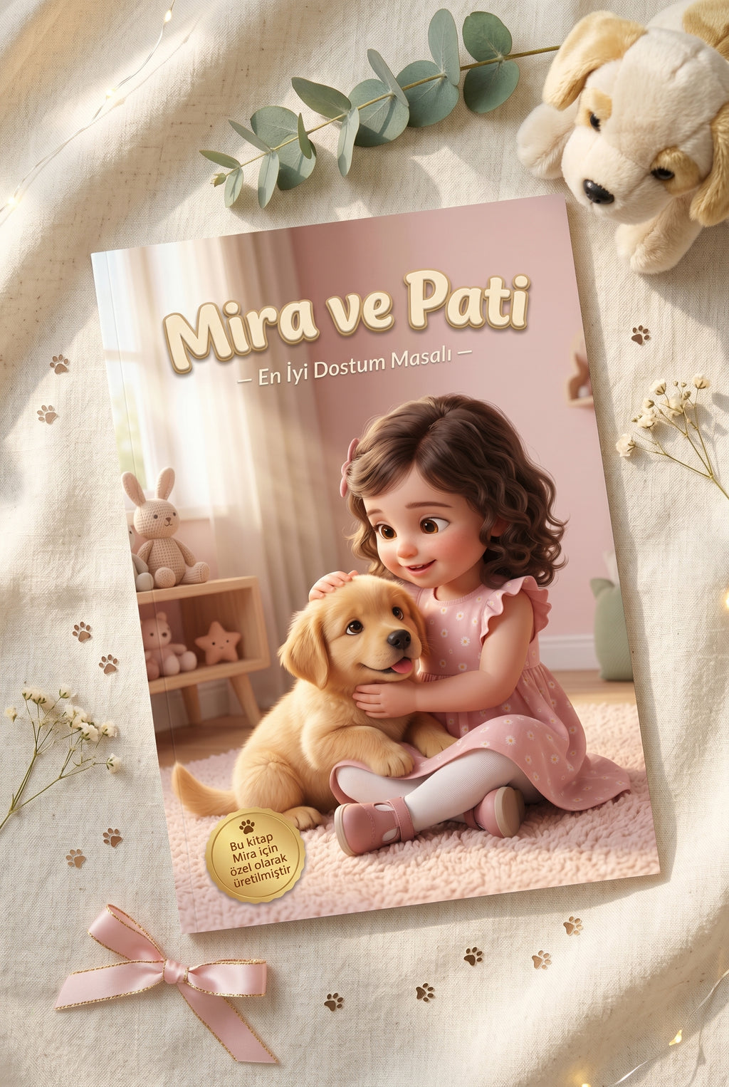 Mira ve Pati kitabının dekoruna uygun flat-lay sunum fotoğrafı.