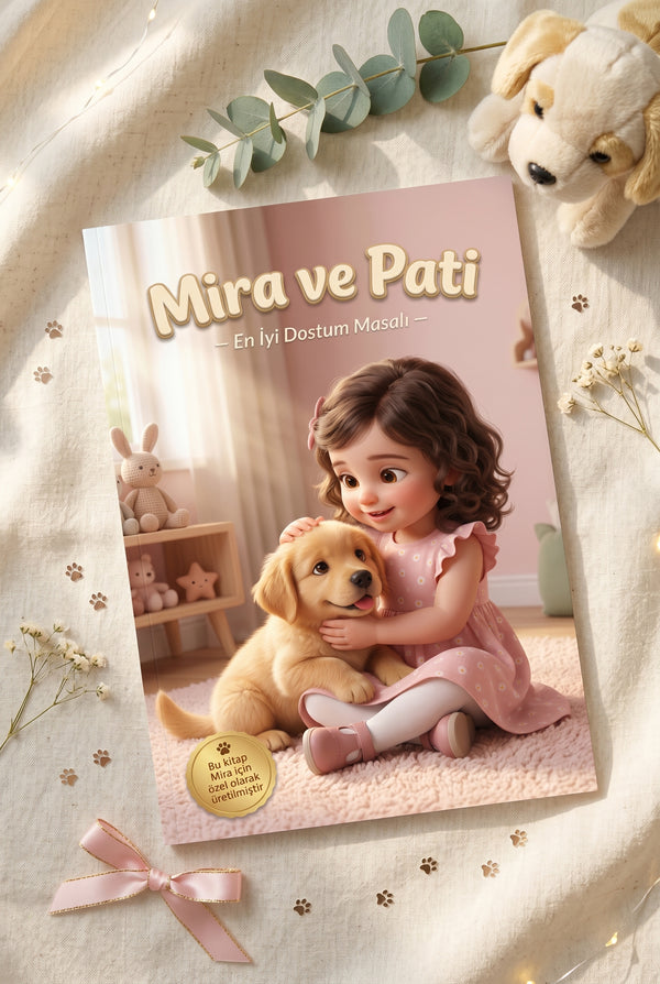 Mira ve Pati kitabının dekoruna uygun flat-lay sunum fotoğrafı.