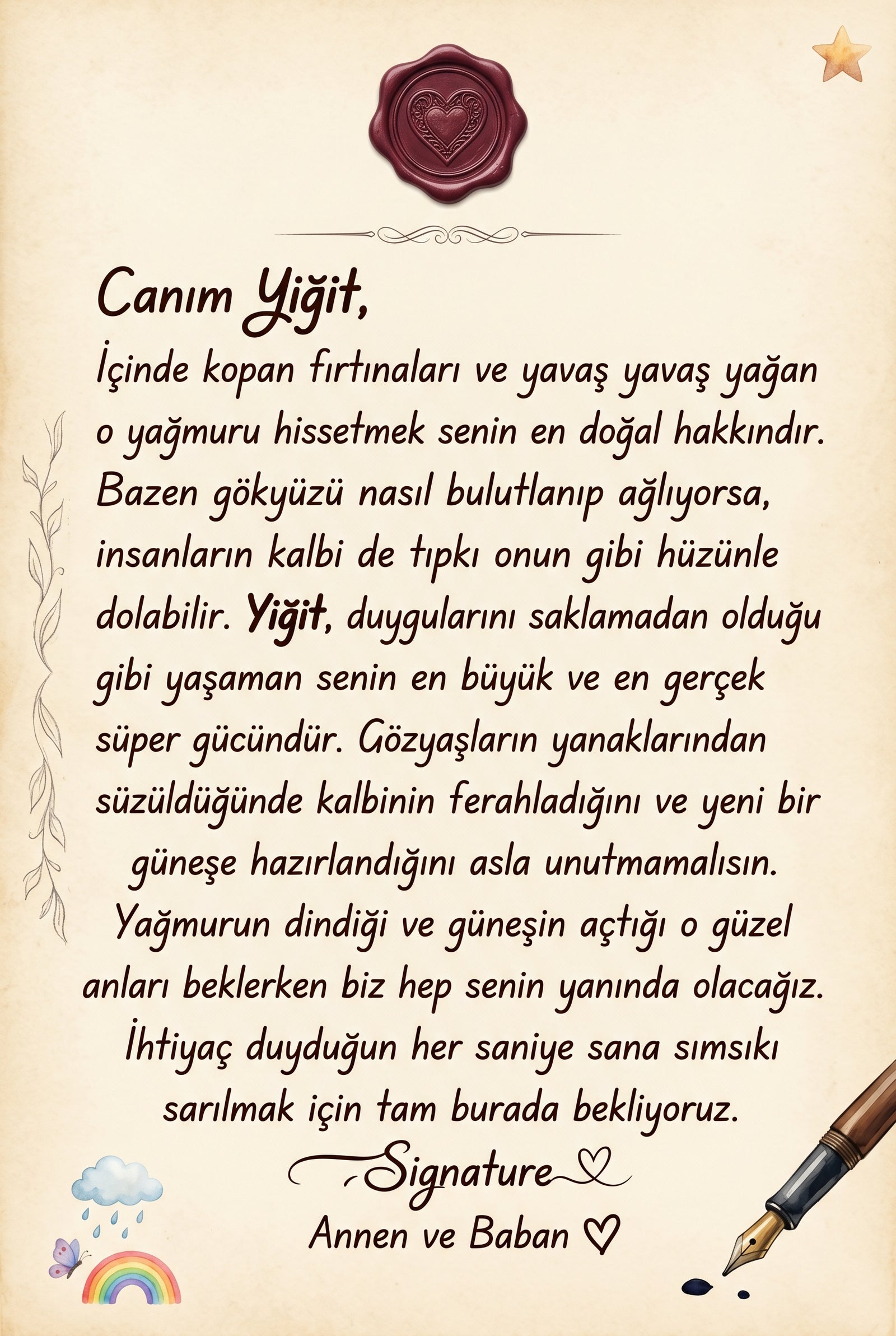Yiğit'nın kitabının ilk sayfasındaki duygusal anne-baba notu.