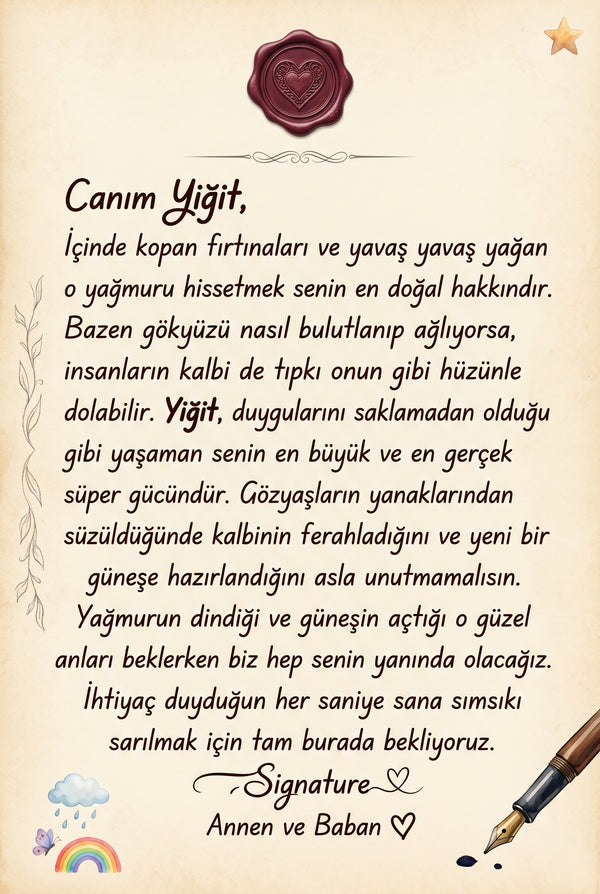 Yiğit'nın kitabının ilk sayfasındaki duygusal anne-baba notu.