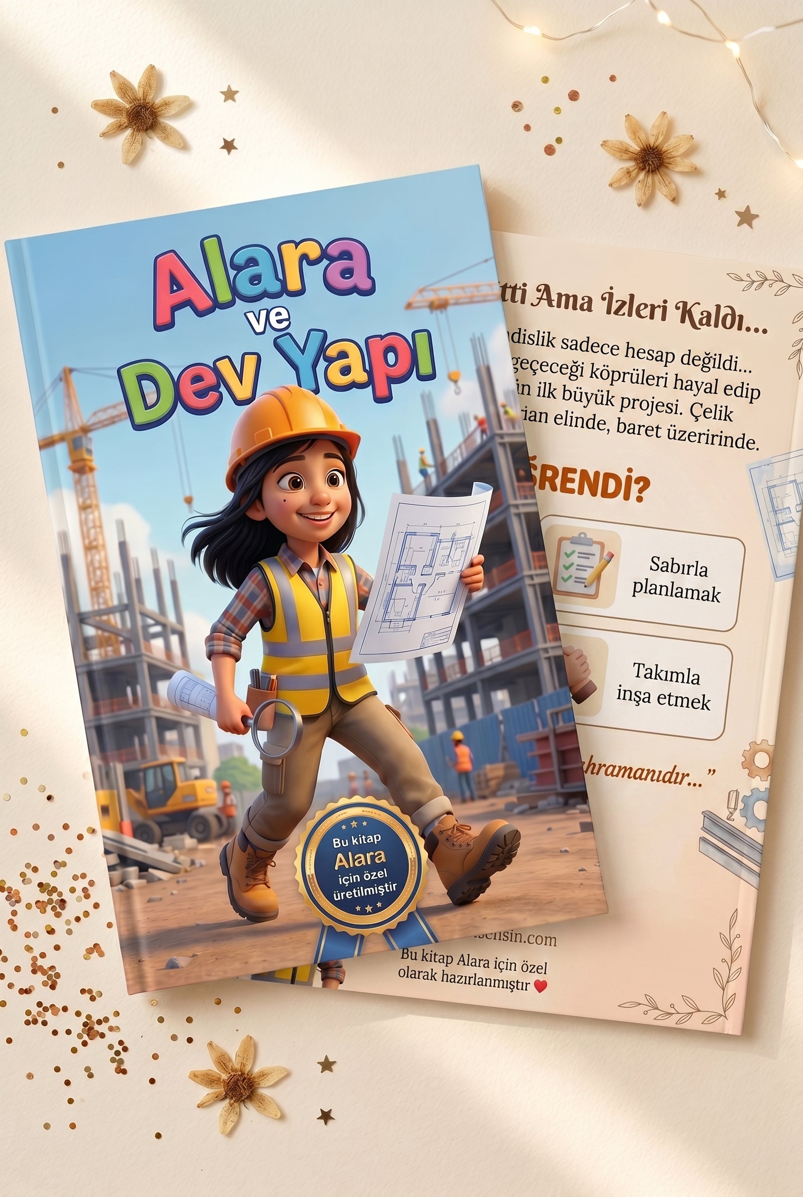 Alara'nın kişiye özel kitabı ön ve arka kapak bir arada — A4 yumuşak kapak kalitesi.