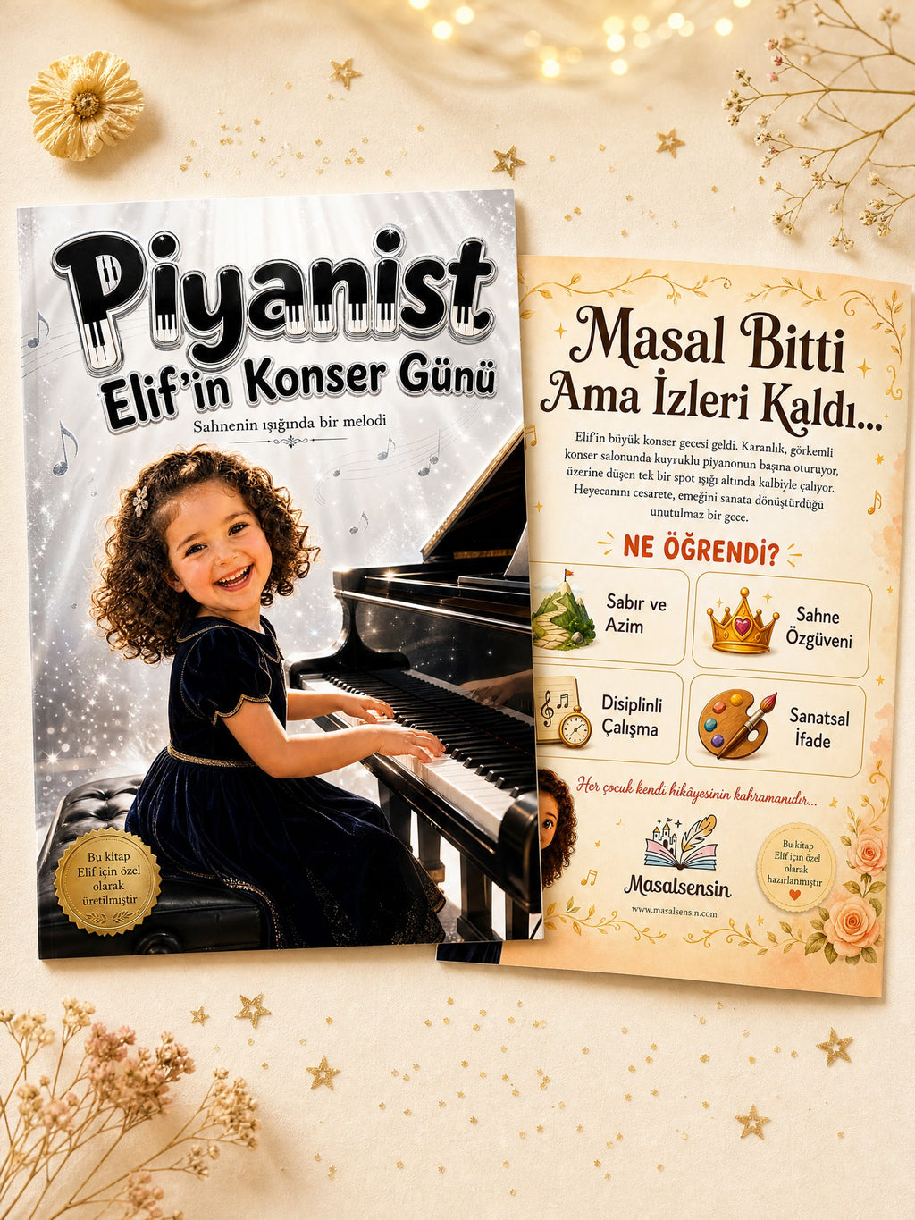Piyanist Elif'in kişiye özel kitabı ön ve arka kapak birlikte — A4 kaliteli dergi formatında baskı görünümü