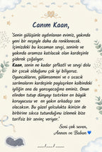 Kaan'ın kitabının ilk sayfasındaki annesi ve babasından yazılmış sıcak ağabey karşılama notu — mavi palette.
